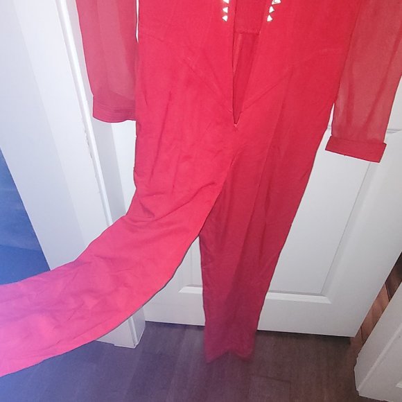 Vintage 1990's Shamash & Yofi Creations Adorned Red Jumpsuit with Sheer Sleeves - Picture 10 of 13